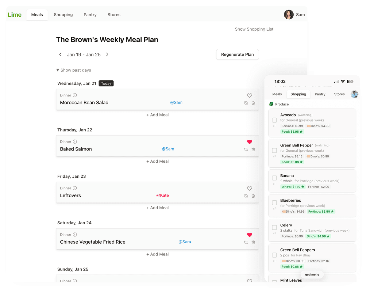Lime meal planning app on desktop and mobile